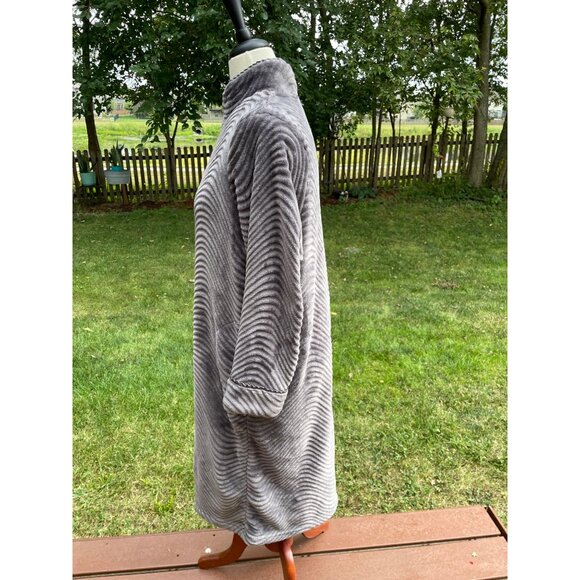 Stan Herman Womens PL Gray Ribbed Fleece Zip-Up Lounger Polyester Long Soft Warm - Picture 3 of 9